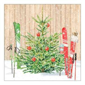 Karácsonyi síelés papírszalvéta, 20 db-os, 33x33cm, karácsonyfa és síléc mintával - Szalvéta