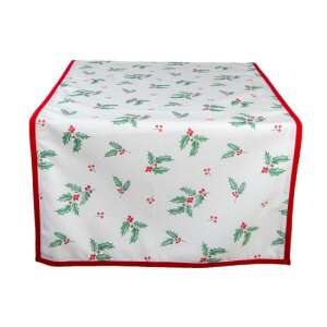CLEEF Holly Christmas asztali futó, 50x140cm, pamut, fehér alapon zöld fagyöngy levelekkel és piros bogyókkal - Clayre & Eef
