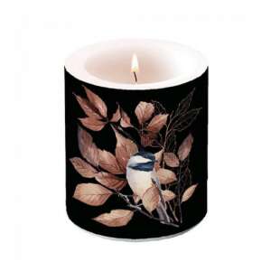 Fekete gyertya cinegével és levelekkel díszítve, 10x10cm - Gyertya
