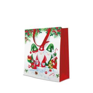 Karácsonyi törpék ajándéktáska, nagy, 26,5x33,5x13cm, piros és fehér, törpékkel és karácsonyi díszekkel - Művészet & Hobbi