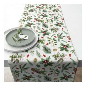 Fehér asztalfutó téli zöld növények mintával, 40x150cm, 100% pamut - Ambiente