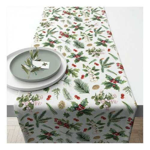 Fehér asztalfutó téli zöld növények mintával, 40x150cm, 100% pamut
