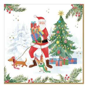 Joyful Santa karácsonyi szalvéta, 20 darabos, 33x33cm, Mikulás ajándékokkal és kutyákkal - Háztartási papírtermék