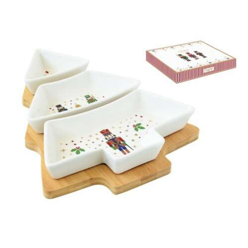 R2S.2180NUTC Fenyőfa porcelántál szett 3 részes, bambusztálcán 25,5x21cm, dobozban, Nutcracker 80617220
