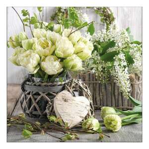 Fehér tulipános papírszalvéta, 33x33cm, 20 db-os - Szalvéta