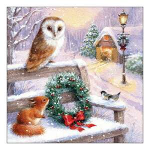 Karácsonyi témájú szalvéta, bagoly, mókus és koszorúval egy hófödte padon - Szalvéta