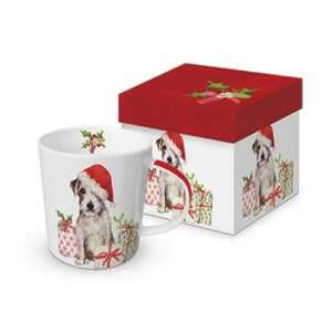 Karácsonyi kutyás porcelán bögre, kutya Mikulás sapkában, 0,35l, dobozban - Nonbrand Bögre