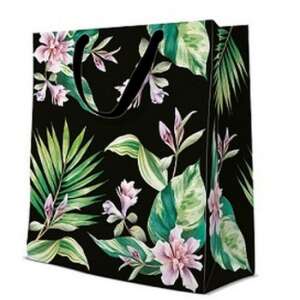 Nagy fekete ajándéktáska egzotikus virág és levél mintával, 26,5x33,5x13cm - Művészet & Hobbi