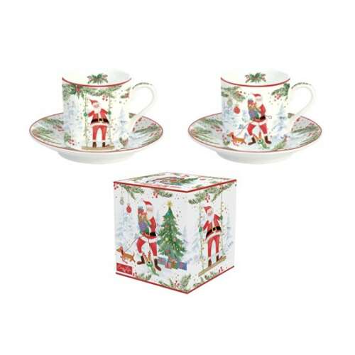 Joyful Santa karácsonyi eszpresszó csésze és alátét szett, 2 darabos, porcelán, dobozban
