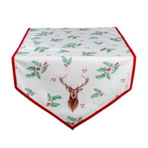CLEEF.HCH65 Holly Christmas asztali futó, 50x160cm, pamut, piros szegéllyel és szarvas mintával - Clayre & Eef