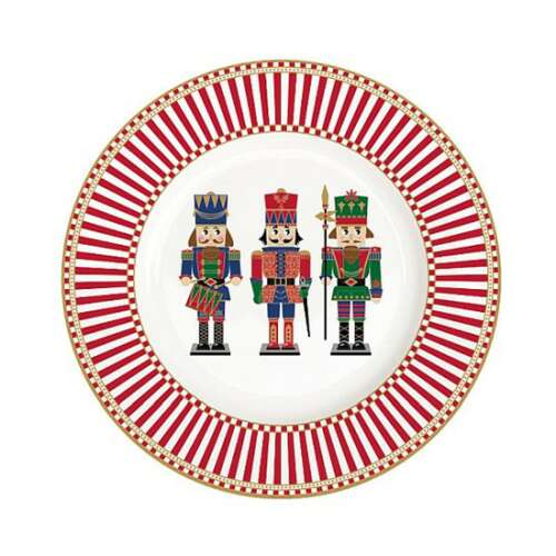 Porcelán desszerttányér dióhéj törővel, 19cm, piros és arany csíkos mintával