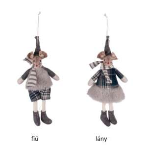Szürke plüss egér karácsonyi dísz, fiú és lány változatban, 9x4,5x21cm - Karácsonyfadísz