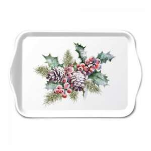 Műanyag tálca, karácsonyi holly és bogyós mintával, 13x21cm - Tálca