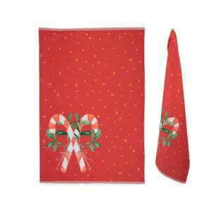 Piros karácsonyi konyharuhá, cukorkákkal és fagyöngy mintával, 50x70cm, 100% pamut - Lakberendezés