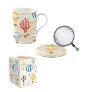 Porcelán szűrősbögre tetővel és szűrővel, Air Balloons mintával - Nonbrand Bögre