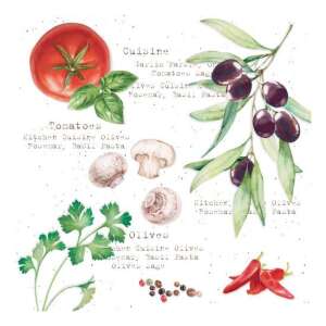Vízfesték illusztráció konyhai hozzávalókról, beleértve a paradicsomot, az olajbogyót, a gombát, a petrezselymet, a chili paprikát és a borsot - Szalvéta