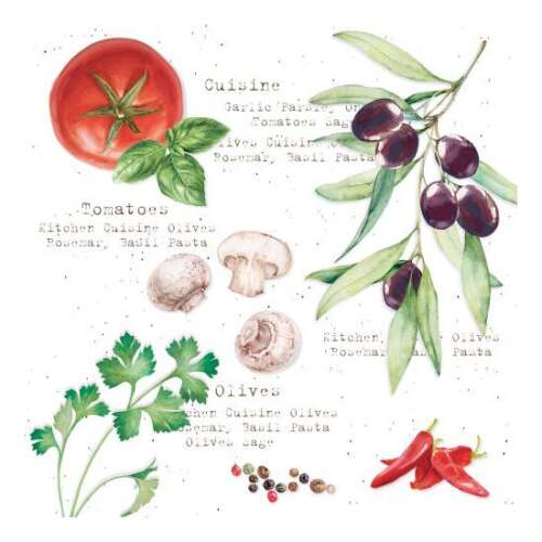 Vízfesték illusztráció konyhai hozzávalókról, beleértve a paradicsomot, az olajbogyót, a gombát, a petrezselymet, a chili paprikát és a borsot