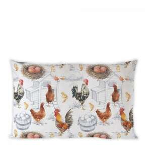Csirkefarm párnahuzat, 50x30cm, 100% pamut, fehér alapon csirkékkel, kakasokkal, tojásokkal és fészkekkel - Lakberendezés