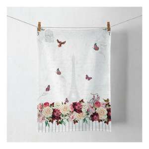 Romantikus Párizs konyharuha, 50x70cm, 100% pamut, Eiffel-torony, pillangók, rózsák, fehér háttér - Ambiente