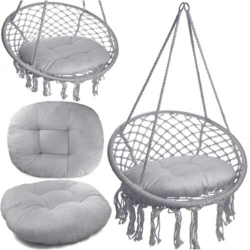 Scaun suspendat Sternhoff cu pernă, gri, macrame, exterior, interior, relaxare, scaun balansoar, mobilier de grădină