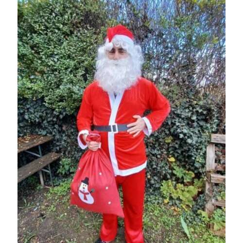 Felnőtt Mikulás jelmez, piros bársony ruha, fehér szakáll, sapka és zsák