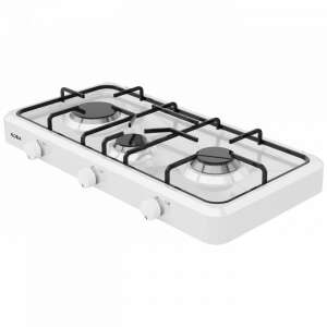 Floria ZLN7139 weißer 3-Flammen-Gasherd, schräge Ansicht - Kochplatten