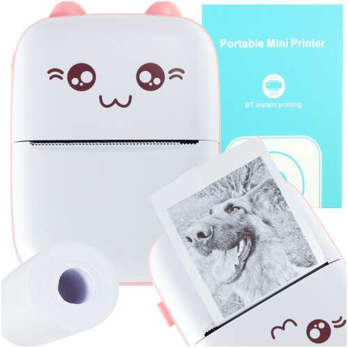 Tragbarer Mini Bluetooth-Wärmebilddrucker mit Katzendesign, rosa Farbe, inklusive Papierrolle und USB-Kabel