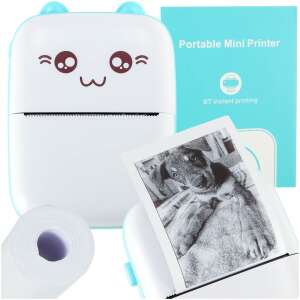 Portable mini printer with cat design, includes paper roll and USB cable - Office technology