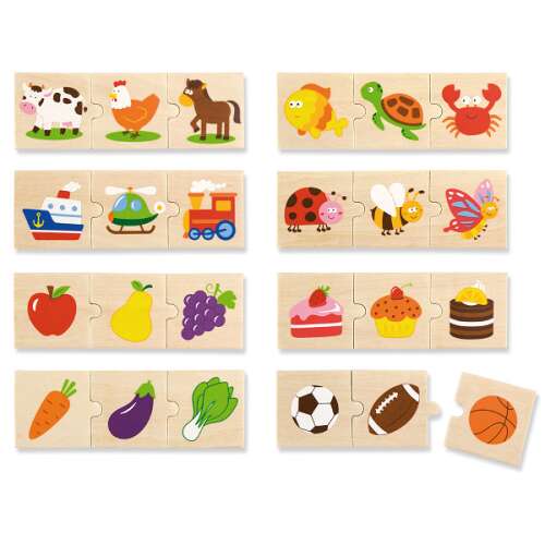 Fa puzzle gyerekeknek, különféle kategóriákkal, mint például állatok, járművek, ételek és tárgyak. Remekül fejleszti a koncentrációt, a logikát és a szem-kéz koordinációt.