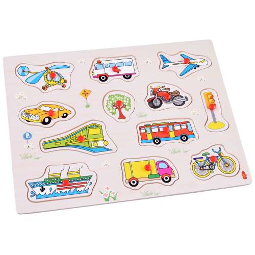 12 darabos fa puzzle közlekedési eszközökkel és tárgyakkal, helikopterrel, mentőautóval, repülőgéppel, autóval, fával, motorral, vonattal, busszal, közlekedési lámpával, hajóval, teherautóval és kerékpárral