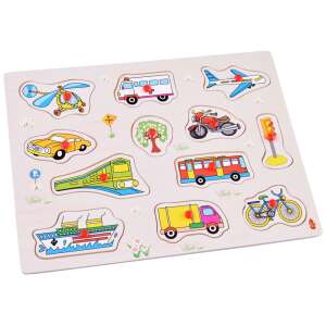 Puzzle din lemn cu 12 piese cu vehicule de transport și obiecte, inclusiv elicopter, ambulanță, avion, mașină, copac, motocicletă, tren, autobuz, semafor, navă, camion și bicicletă - Ramiz