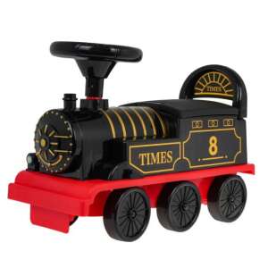 Black retro train toy with storage compartment, steering wheel, and lights, front view - Ramiz
