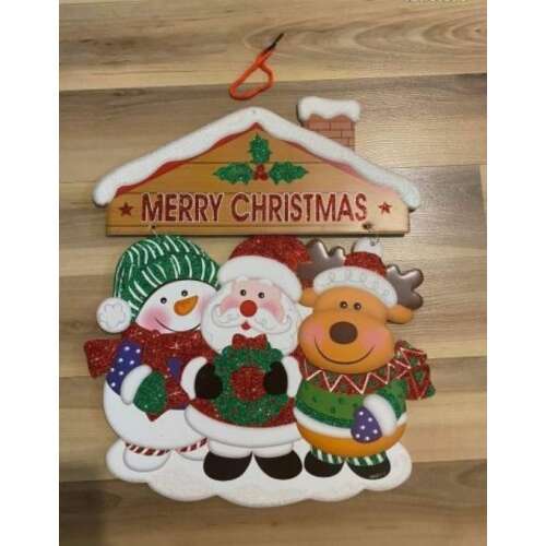 Karácsonyi ajtódísz Mikulással, hóemberrel és rénszarvassal, Merry Christmas felirattal, 40x32cm - Ajtódísz