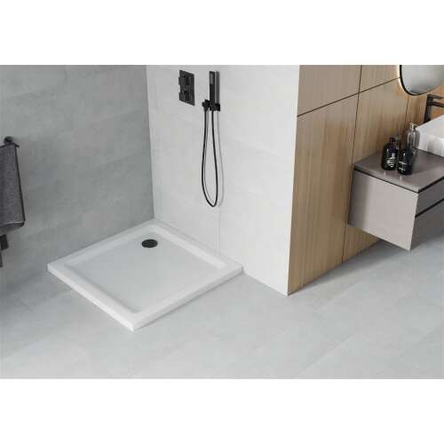 Mexen Slim 90x90 cm fehér akril zuhanytálca fekete szifonnal, modern fürdőszobában telepítve - Zuhanytálca