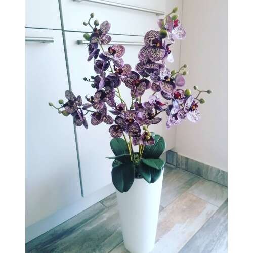Padlóvázás élethű orchidea dekor 4 virágos változat lila pöttyös