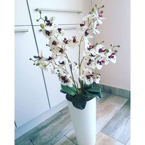 Padlóvázás élethű orchidea dekor 4 virágos változat fehér/bordó pöttyös