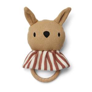 NUUROO Nyuszi csörgő, bio pamut baba csörgő fa gyűrűvel, barna és piros csíkos szövet - Csörgő
