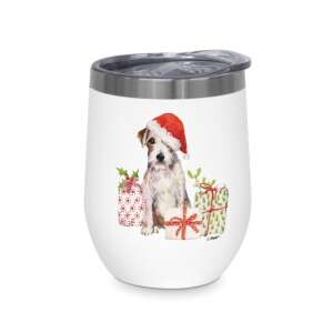 Rozsdamentes acél hőtartó pohár karácsonyi kutyás mintával, egy kutyát ábrázolva, aki Santa sapkát visel és ajándékokkal van körülvéve - Termosz és italtartó