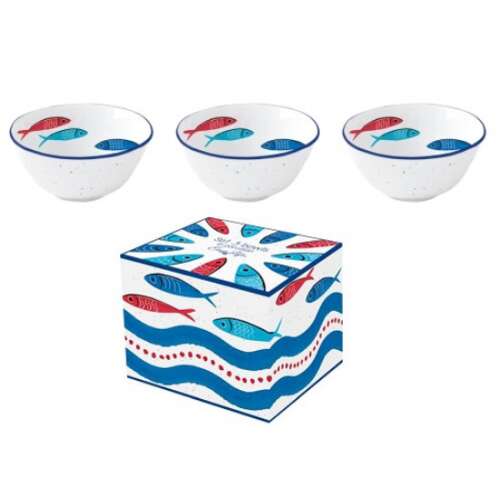 R2S Sardine's Party porcelán tálkaszett, 3 darabos, hal mintás, 10cm