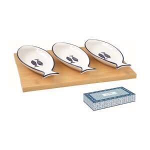 3 db-os halformájú porcelán tálkaszett bambusztálcán, Sea Shore mintával - Tál