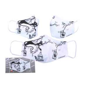 Fehér arcmaszk fekete macskás és madárkalitkás mintával, Carmana márka - Szépség & Egészség