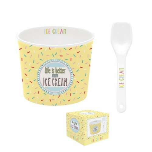 Onfleek Porcelán fagyistálka kanállal, 8,5cm, sárga, szórással, "Life is better with Ice Cream" felirattal