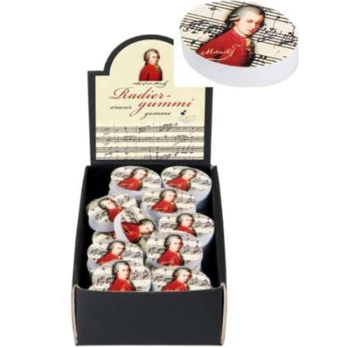 Mozart radír, ovális alakú, Mozart portréjával és zenei jegyzetekkel