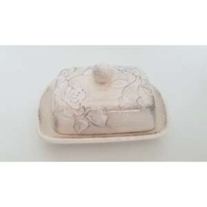 Fehér kerámia vajtartó virágmintával, kézzel festett, V.K.31-35 - Ételtárolás