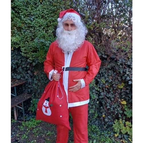 FELNŐTT télapó jelmez mikulás ruha 6 részes teljes szett parókával PUTTONY NÉLKÜL!