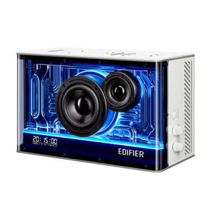 Front view of Edifier QD35 white speaker with blue LED accents - Audio