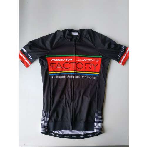 Nakita Factory kerékpáros mez, fekete, piros és fehér részletekkel, rövid ujjú, teljes cipzárral, férfi S méret