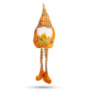 Orange and black plaid gnome with long legs and a leaf on its belly, Halloween decoration - Halloween decoration