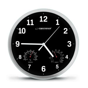 Esperanza Lyon black and silver wall clock with temperature and humidity display - Esperanza
