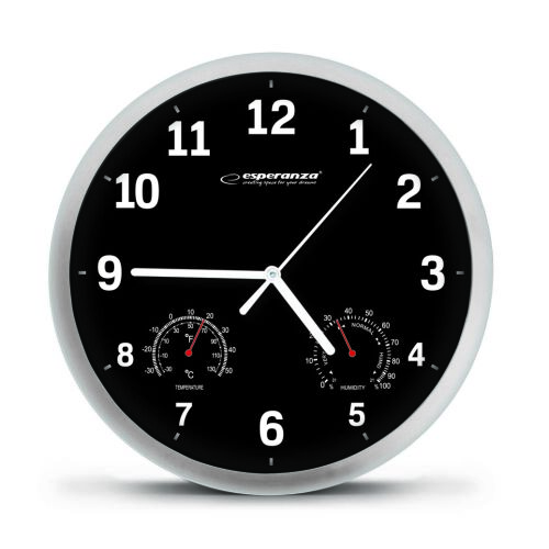 Esperanza Lyon black and silver wall clock with temperature and humidity display